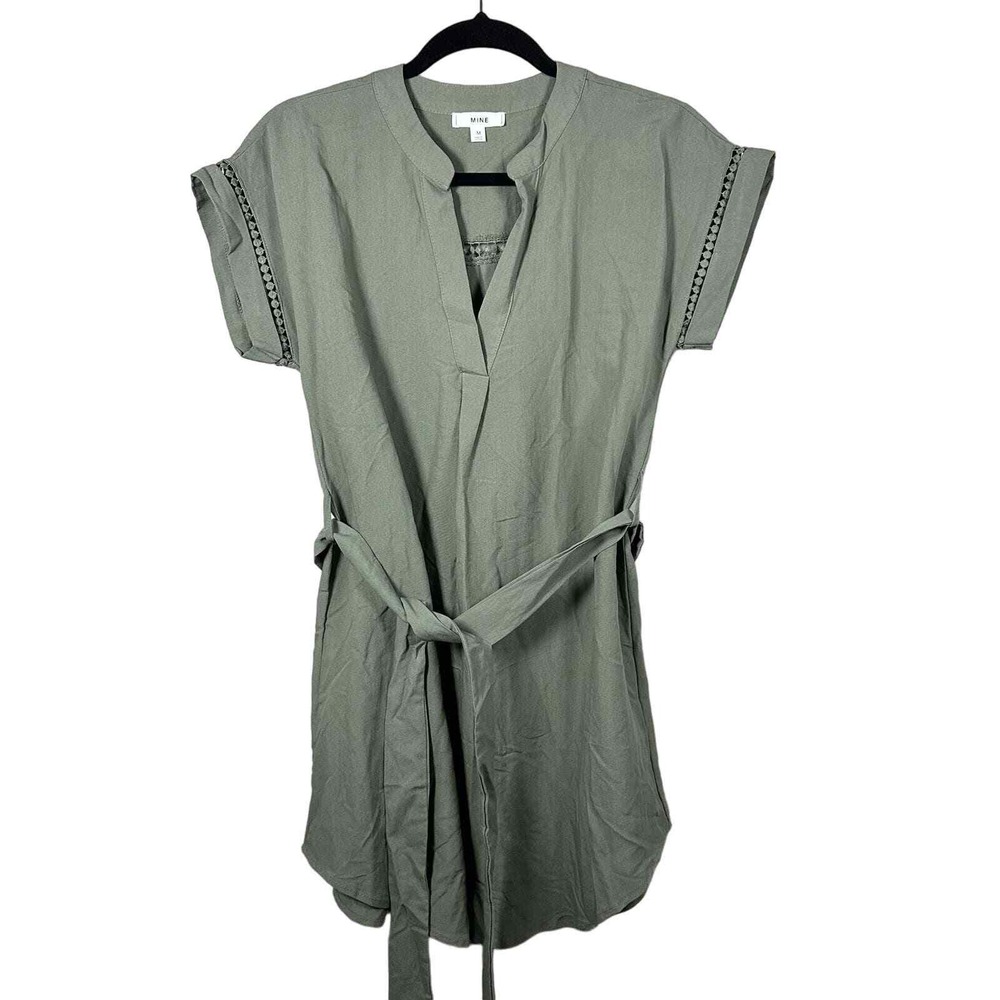 MINE Medium Tunic Dress Green Short Sleeve Lace Trim Tie Waist Boho TB5175